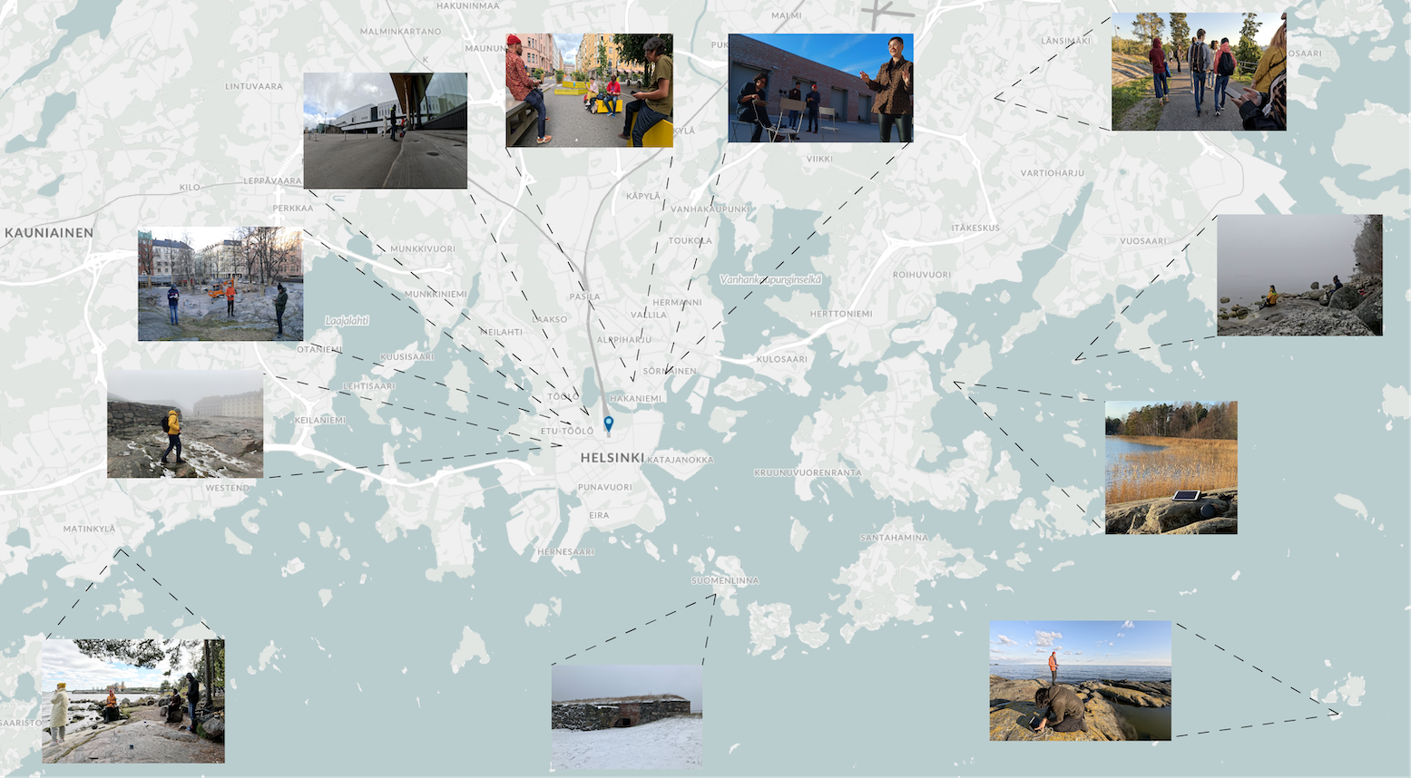 Figure 1. Map of the larger Helsinki area showing the locations of a selection of ExoSound co-sounding field trips. A variety of places and seasons have been involved, from urban to periurban, rural and insular, as well as different social contexts such as small group venture into nature, public urban space, electronic music festival, and academic symposium event.  