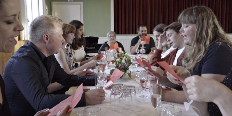 Fra en af prøverne på »Selskabssange«. © Jonas Fogh