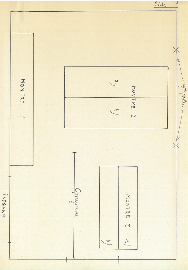 Example 1: Overview of the exhibition Kvinder komponerer, 1980 (The Danish Music Museum, MMCCS archive 166).  [Indgang = entrance; montre = showcase; opslagstavle = bulletin board; lytteposter = listening stations]